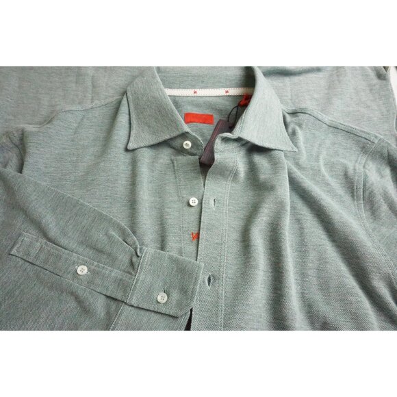 Isaia Napoli Jersey Piquet Wash Green Long Sleeve Cotton Polo Shirt 3XL NEW